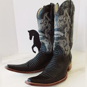 INNOVATION Mexican Curl Black Genuine Lizard Western Boots Sz 7 - Vtg